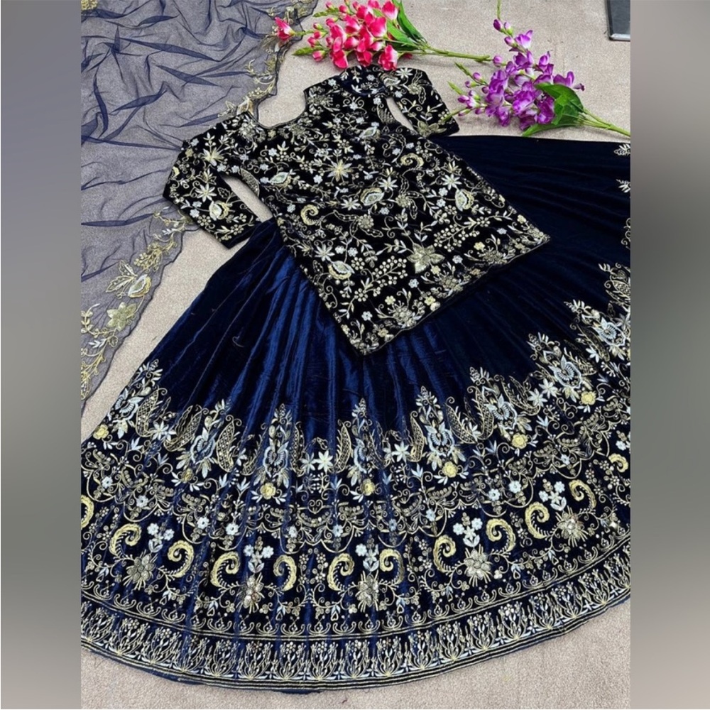 Blue velvet lehenga skirt